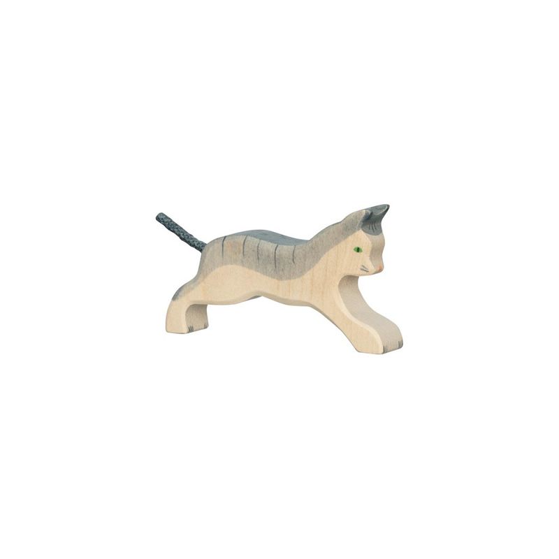 Holztiger trefigur løpende grå katt